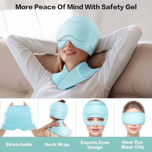 Image of 3 in 1 Migraine Cap with Eye Holes,Neck ice Pack wrap Cold Cap for migraines Hot and Cold Therapy Headache Relief Cap for Headaches, Stiff Neck,Eye Fatigue, Tension and Pain (Light Blue)