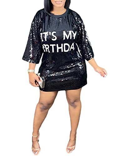 ALLUMK Women Sexy Glitter Sequin Shirts Dress Letter Graphic Print Half Sleeve Party Club Short Dress