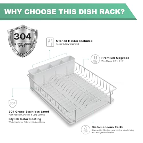 SunnyPoint 304 Stainless Steel Dish Drying Rack with Diatomaceous Earth Drainboard & Removable Utensil Caddy – Rust Resistant Countertop Dish Rack for Kitchen (White) by SunnyPoint - Image 4