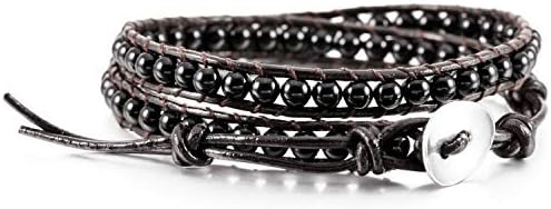 Caiyao Boho Bracelets Adjustable Rope Buckle Handmade Leather-Wrapped Bracelet Jewelry Bohemian Style Bracelets Natural Stone Wrap Bracelets Variety Beads Strand Bracelet -Black