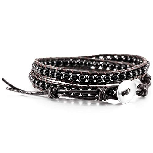 Caiyao Boho Bracelets Adjustable Rope Buckle Handmade Leather-Wrapped Bracelet Jewelry Bohemian Style Bracelets Natural Stone Wrap Bracelets Variety Beads Strand Bracelet -Black #TOP6