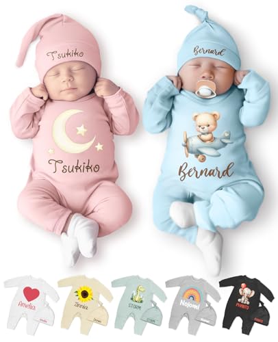 Babykleidung mit individuellem Namen, Outfit und Mütze, Set für Jungen und Mädchen, 0-6 Monate, personalisiertes Geschenk, Mehrfarbig, 0-6 Monate
