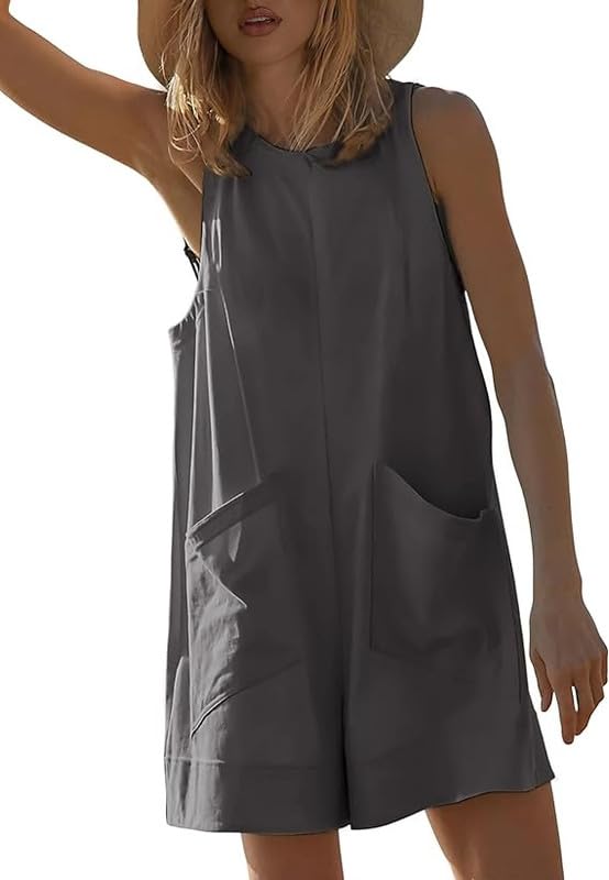 Haibang Mono Mujer Verano Corto Sin Mangas Cuello Redondo Peto Mujer Verano Casual Sueltos Jumpsuit Elegante Monos de Mujer Cortos Una Pieza Mono Pantalon con Bolsillos Informal Playa Playsuit