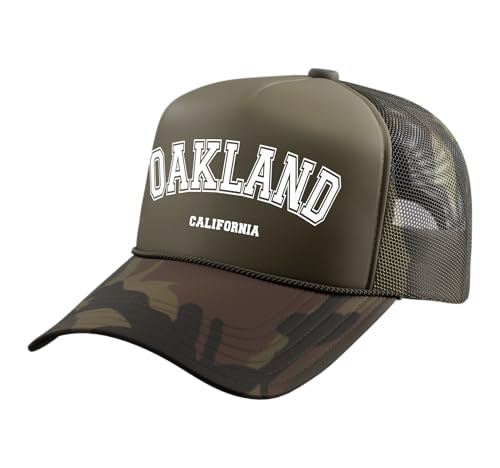 Oakland California Trucker Hat with Adjustable Mesh Back, Camo Green