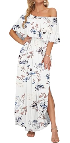 Image of AUSELILY Womens Off Shoulder Ruffle Split Summer Maxi Dresses with Pockets | Off-shoulder Ruffle dress with empire waist & side split for summer beach and casual parties