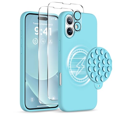 Image of Magnetic for iPhone 16 Case, Compatible with Magsafe, Suction Cup Phone Mount, [2 Screen Protectors][Camera Lens Protector] Silicone Shockproof Protective Slim Phone Cover 6.1 inch, Sea Blue