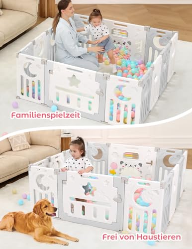 Foto von Dripex Laufstall Baby faltbar 150x150x62cm (14 Paneele) mit Spielboard, Laufgitter Baby, Kinderlaufstall & Babyzaun aus strapazierfähigem Plastik, Playpen für Innen & Außen, Grau
