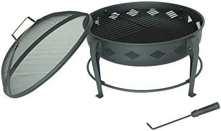 YARDKIT CONCORD FIRE PIT & GRILL - Matte Black Round Firepit for Outside Bonfires and Grilling - Backyard Patio Wood Burning Fire Pits - Heavy Steel Construction with Cooking Grate & Cover - 26" x 20"