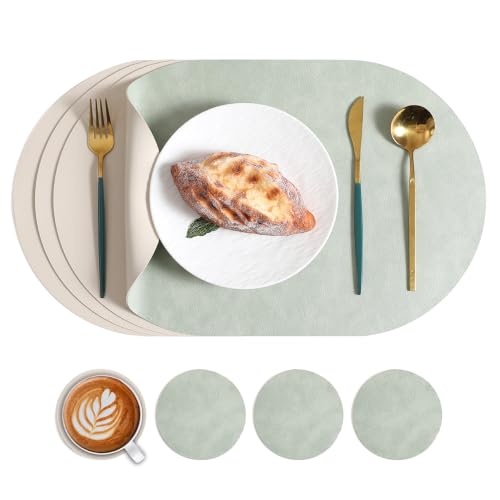 Image of SHACOS Placemats and Coasters Washable Set of 4 Heat Resistant Non Slip Table Mats Wipeable Waterproof Placemat Dual Sided PU Leather Place Mat for Dining Table Green Beige