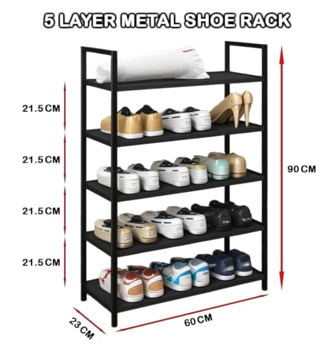 Image of 5 Tier Metal Shoe Rack for Entryway, Shoe Storage Organizer, Multi Layer Shoe Stand, Heavy Duty Shoe Shelf for Home, Bedroom, Closet & Living Home (Black, 5-Tier)