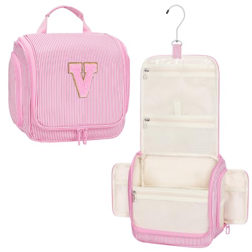 Relavel Hanging Toiletry Bag for Women, Travel Makeup Bag for Girls Kids Gifts Personalized Initial Toiletry Pouch Shower Bag, Travel Essentials Birthday Gifts for Teen Girls, Pink V