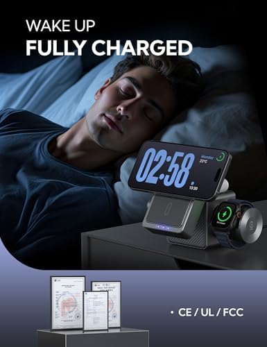 RORRY 3 in 1 Charging Station, for Magsafe Wireless Charger Stand with 5000mAh Power Bank for iPhone 17/16/15/14/13/12, for Apple Watch Ultra/11/10/9/8/7/6/5/4/SE, for AirPods, Metallic Grey — view 6
