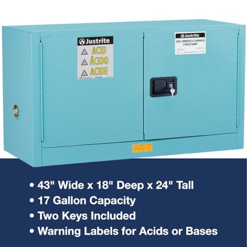 Image of Justrite Acid Corrosive Storage Cabinet - 17 Gallon 2 Door Self Close Chemical Storage Cabinet with Removable Polyethelene Trays - 18 inch x 24 inch x 43 inch - Made in The USA - Light Blue - 891722