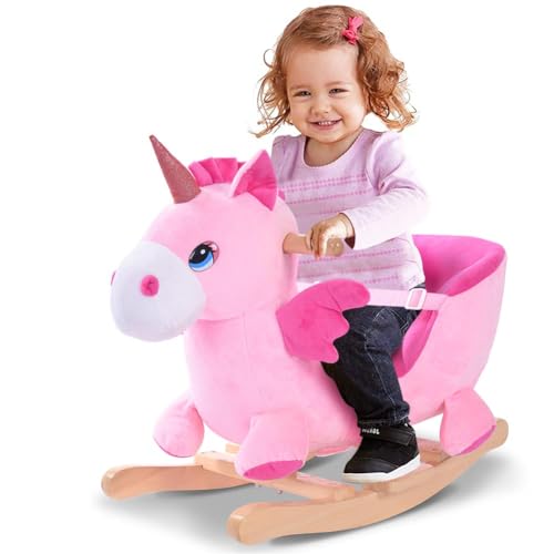 BAKAJI Unicorno a Dondolo Cavalcabile Peluche Giocattolo per Bambini con Effetti Sonori Maniglie e Cintura di Sicurezza (Pink Unicorn)