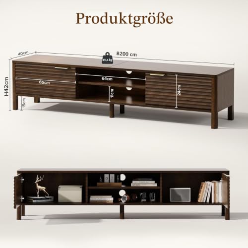 IKALIFE TV Schrank Fernsehtisch Modern - 200 cm TV Lowboard für Fernseher bis zu 80 Zoll, Fernsehschrank mit 2 Stauraum, TV-Board Sideboard TV-Tisch für Wohnzimmer Schlafzimmer, Braun