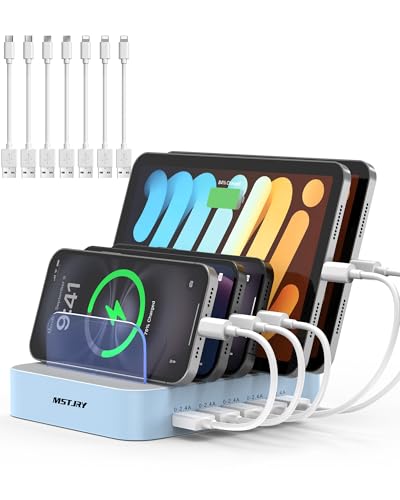 Image of MSTJRY Charging Station for Multiple Devices : 5 Port Multi USB-A Charger Stations Multi-Device Organizer Charging Dock Designed for iPhone iPad Cell Phone Tablets (7 Short Cables Included), Blue