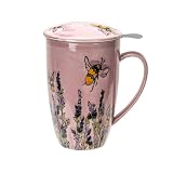 Urban Tokyo Tea Mug With Lid and Stainless Steel Infuser For Loose Leaf Tea Bag Tea Cup 15oz Porcelain Hot Beverage Everyday Use Home Office (Honey Bee)