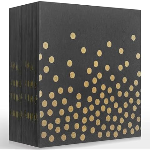 Black and Gold Napkins for Party,Black Napkins Disposable,Black and Gold Dots Cocktail Napkins,100 pcs Black beverage Napkins for Bar Wedding Birthday Graduation(Not gold leaf polka dots) Cover