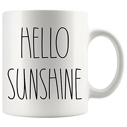Hello Sunshine Coffee Mug - Hello Sunshine Rae Dunn Inspired Coffee Mug - Text Rae Dunn Style Coffee Mug - Birthday - Family - Merry Christmas Coffee Cup 11oz, White, 72TVB6MRLZ-11oz