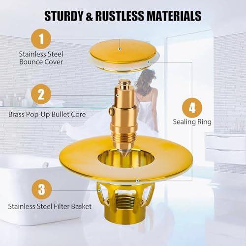 Three colors Bathroom Sink Stopper, 1.1-1.5" Bathroom Sink Drain Strainer, Universal WashBasin Pop Up Drain Stopper, Bounce Core Push Type Sink Plug, Anti-Clogging, Stainless Steel (Gold,1PCS) - 5