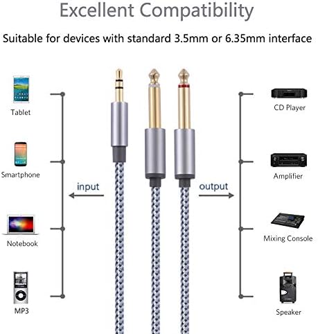 3.5mm 1/8" TRS to Double 6.35mm 1/4" TS Mono Y-Cable Splitter Cable,Stereo Audio Cord Gold Plated Compatible with iPhone ipod Laptop Multimedia Speakers and Home Stereo Systems