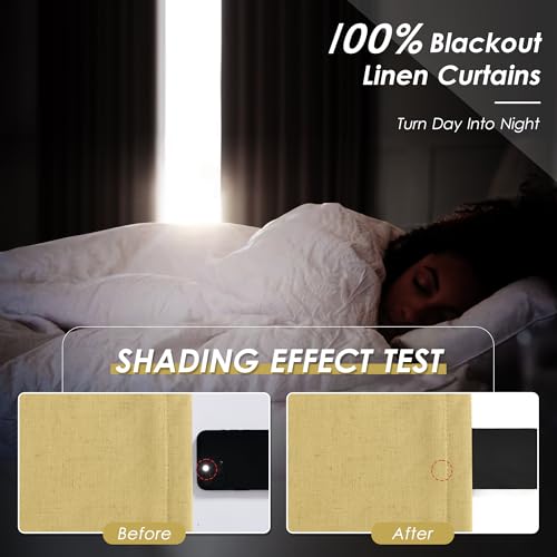 Image of Nanspring Gold 100% Blackout Linen Curtains 84 Inch Length 2 Panels Set for Bedroom Back Tab Modern Farmhouse Decor Black Out Curtain for Living Room Office Thermal Insulated Drapes 52x84