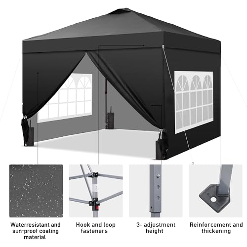 GDY 10x10 Pop Up Canopy Tent with 4 Sidewalls, Easy Set up, Outdoor Silver Coated Beach Gazebos, Carpas with 4 Sandbags, for Events, Parties,Camping. Black. - Image 4