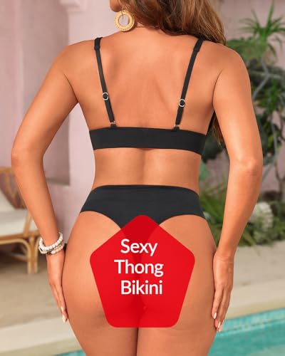 Yonique Thong Bikini Set High Waisted Two Piece Swimsuit High Cut Bikini V Neck Bathing Suit3