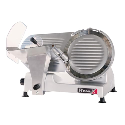 Romux® Cortadora de Fiambre Profesional Eléctrica 220V Sobremesa Cuchilla de 250 mm de Diámetro 320W de Potencia | Cortaembutidos Regulable en Espesor 0-12 mm Ideal para Jamón y otros Embutidos