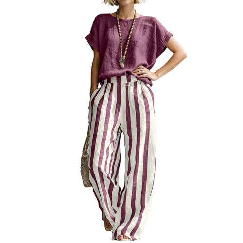 SamLng 2 Piece Sets For Women Linen Summer Pants 2 Piece Short Sleeve Blouse With Vertical Striped Wide Leg Pants Linen Set Casual Summer Loungewear Women Clothing Travel Outfits For (Wine,S)
