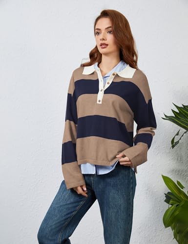 Image of Womens Striped Sweater Rugby Polo Shirts Y2k Collar Pullover Tops | Rugby Shirt,Long Sleeve Knit Top,Lapel V Neck Jumper,Oversized,Casual Outings Streetwear,Preppy Sweater,Fall Winter Clothes