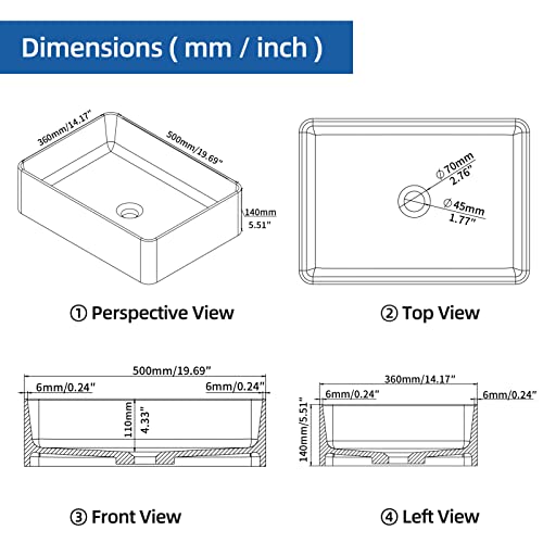 Cpingao Rectangle Vessel Sink, 20" X 14" White Stone Resin Countertop Bathroom Sink Above Counter Vanity Sink Art Basin With Pop Up Drain #TOP3