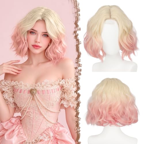 FESHFEN Short Wavy Bob Wig for Women -11 Inch Lace Front Hairline Middle Part Wavy Curly Natural Looking Synthetic Wig for Daily Party Costume, Blonde Pink Ombre