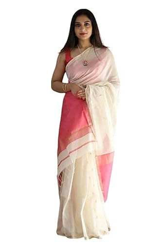 Women's Cotton Saree With Gold-Toned Zari Work & Unstitched Blouse Piece | Tassels
