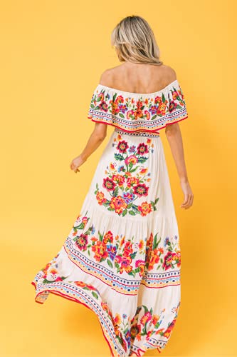 Flying Tomato Off Shoulder Bohemian Maxi Dress - Off Shoulder Ethnic Floral Print Sundress With Waist Bow Tie 17914-Tj_Ivory L #TOP5