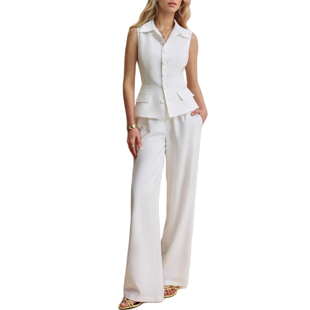 Conjunto De Traje De Oficina De 2 Piezas para Mujer, Blazer Formal, Chaleco Y Pantalones, Túnica Blanca Con Solapa Y Botones, Camiseta Sin Mangas, Pantalones De Pierna Ancha, Conjuntos De