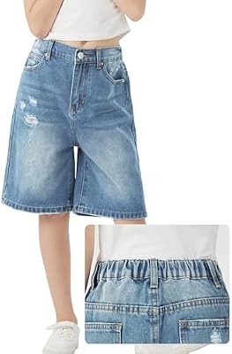 Handfrog Girls Elastic Waist Denim Jorts – Light Blue Ripped Knee‑Length Bermuda Shorts for Kids & T...