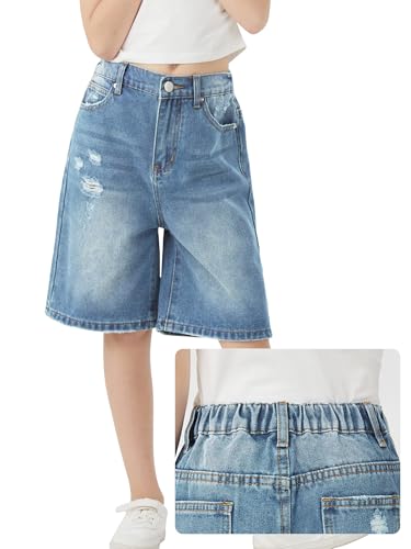 Handfrog Girls Shorts Elastic Waist Jorts Denim Jean Shorts Ripped Knee Length Bermuda Shorts for Kids Teen Girls Summer Light Blue