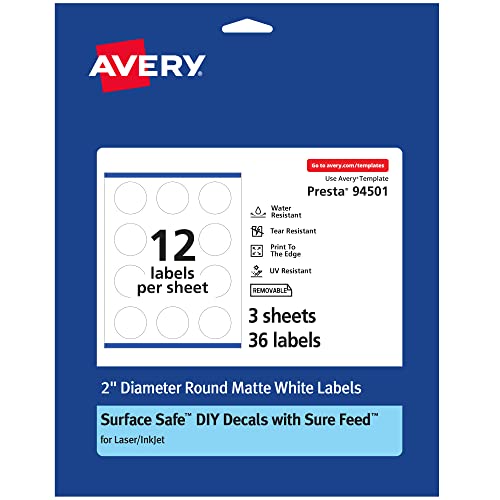 Avery Durable Removable Round Labels, Sure Feed Technology, 2" Diameter,