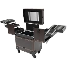 Professional Makeup Artist Rolling Train Case, Multi-functional Beauty Salon Trolley Cosmetic Organizer Box w/Mirror&6 Tray, Large Trolley Storage Case for Nail Technicians Hairstylist Coffee