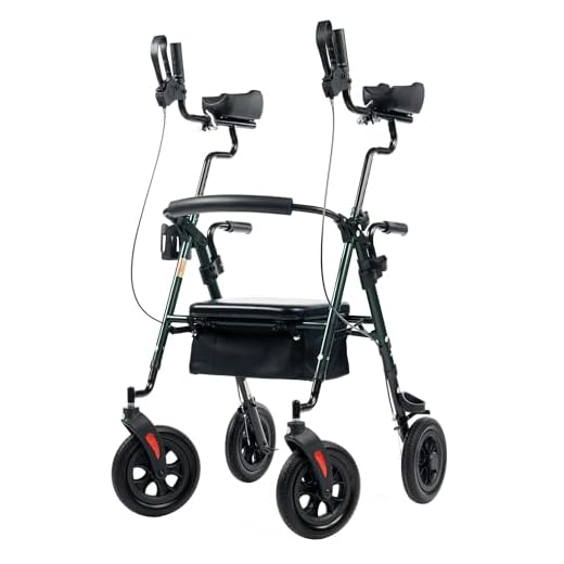 ELENKER All-Terrain Upright Rollator Walker, Stand Up Rolling Walker with 10’’Big PU Wheels and Adjustable Padded Armrests for Seniors from 4’8”to 6'4”, Green