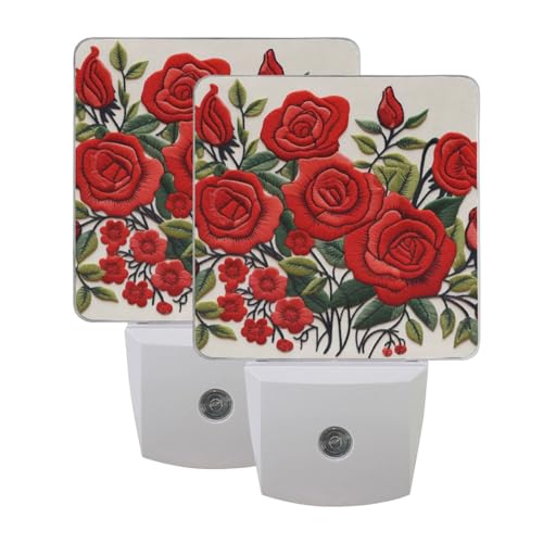 Image of Red Rose Flower Night Lights 2 Pack Plug-in Wall Led Nightlight Auto Dusk-to-Dawn Sensor Lamps for Bedroom Kitchen Bathroom