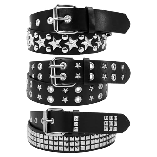 3Pcs Black Studded Belt Set, Y2K Star Belt Gothic Punk Rock Belt with Metal Pyramid Grommets for Women & Men