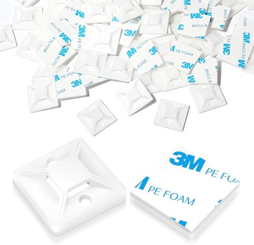 Image of 100 Pcs Cable Tie Mount 18 x 18mm, White Self Adhesive Wire Tie Base Holders, Sticky Zip Tie Pads Clips for Home Office Cables Management