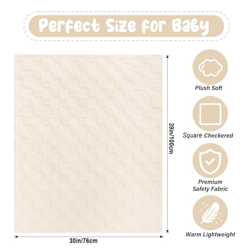 Plush Soft with Square Checkered Baby Blanket,Fleece Infant Toddler Blankets for Girls Boys,Warm Lightweight Breathable Newborn Receiving Blankets for Crib Stroller 30"×39"(Beige,Square) - Thumbnail 5