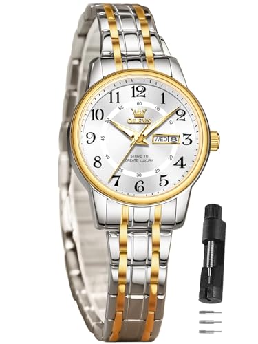 OLEVS Damenuhr Wasserdicht Geschäftlich Silber und Gold Edelstahl Armbanduhr Damen Analog Quarzwerk Einfacher Stil Kratzfest Uhr Damen Mit Datum angezeigt für Modebewusste Frauen