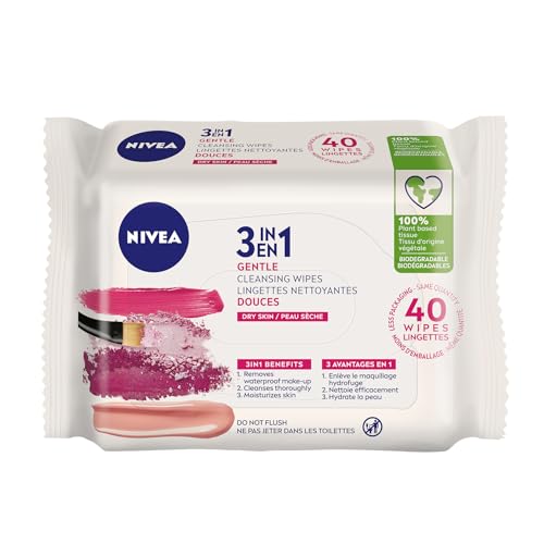 NIVEA - NIVEA 3-in-1 Gentle Face Cleansing Wipes Dry and Sensitive Skin (40 Count), Biodegradable Wipes Made from 100% Plant Fibres, Makeup Remover Wipes Cleanse, Moisturize and Nourish Skin