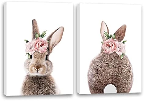 Girls Nursery Wall Art Bunny Rabbit with Pink Flower Crown Canvas Print Wall Decor Woodland Animal Posters Kids Room Set of 2 Bedroom Decoration Bunny Rabbit Pictures Framed Wall Art