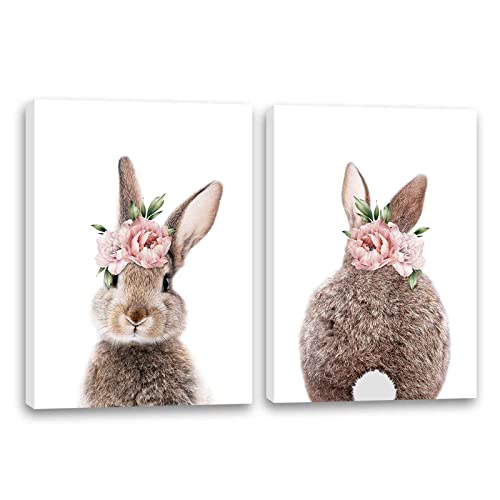 Image of Mokihidream Girls Nursery Wall Art Bunny Rabbit with Pink Flower Crown Canvas Print Wall Decor Woodland Animal Posters Kids Room Set of 2 Bedroom Decoration Bunny Rabbit Pictures Framed Wall Art