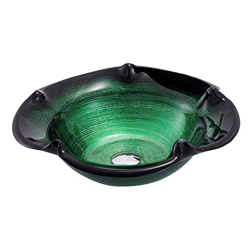 Waschbecken in Blumenhutform, gehärtetes Glas, oberhalb der Theke, Streifenmuster, Badezimmer-Waschtisch-Kombination mit Wasserfall-Wasserhahn, kreative WC-Schüssel für Zuhause, Hotel, Balkon (Grün C)